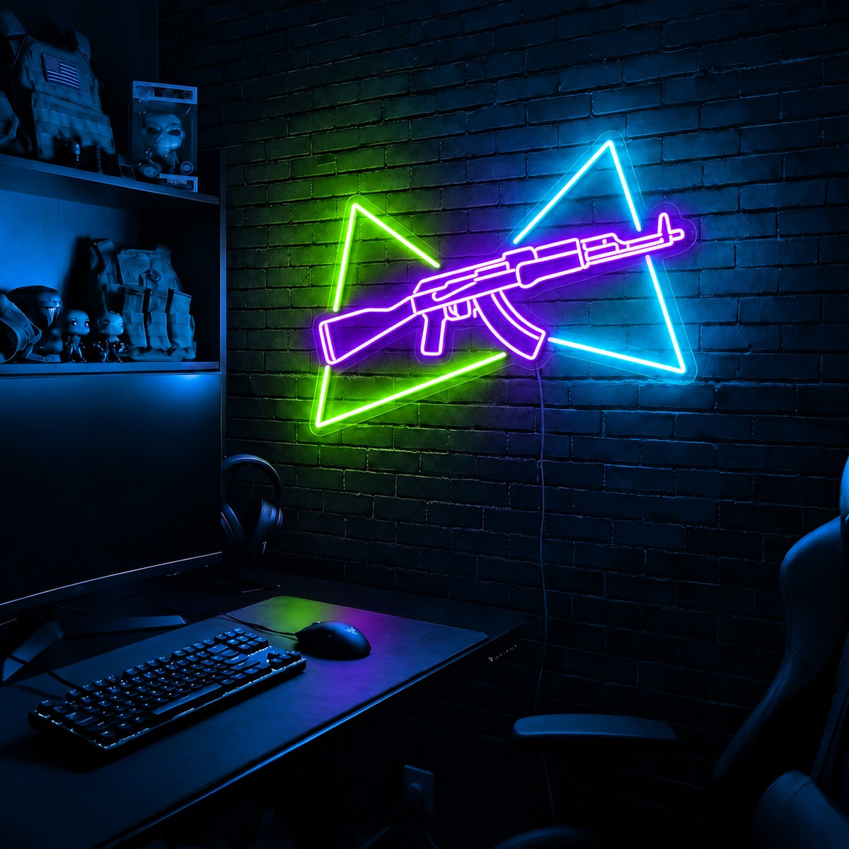 AK Split Triangles LED neon sign in the Toxic Circuit colorway, mounted on a brick wall in a gaming room