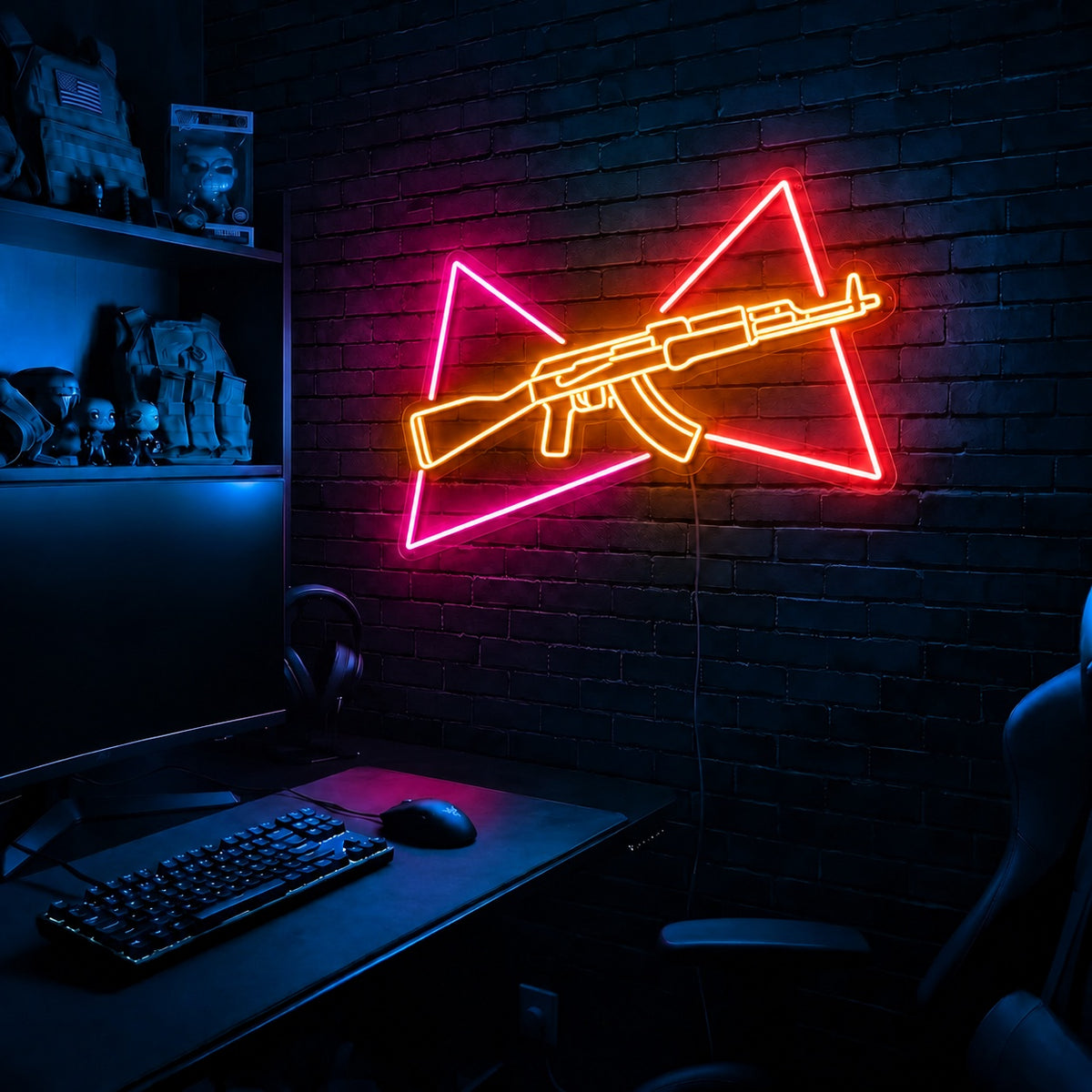 AK Split Triangles LED neon sign in the Solar Flare colorway, mounted on a brick wall in a gaming room