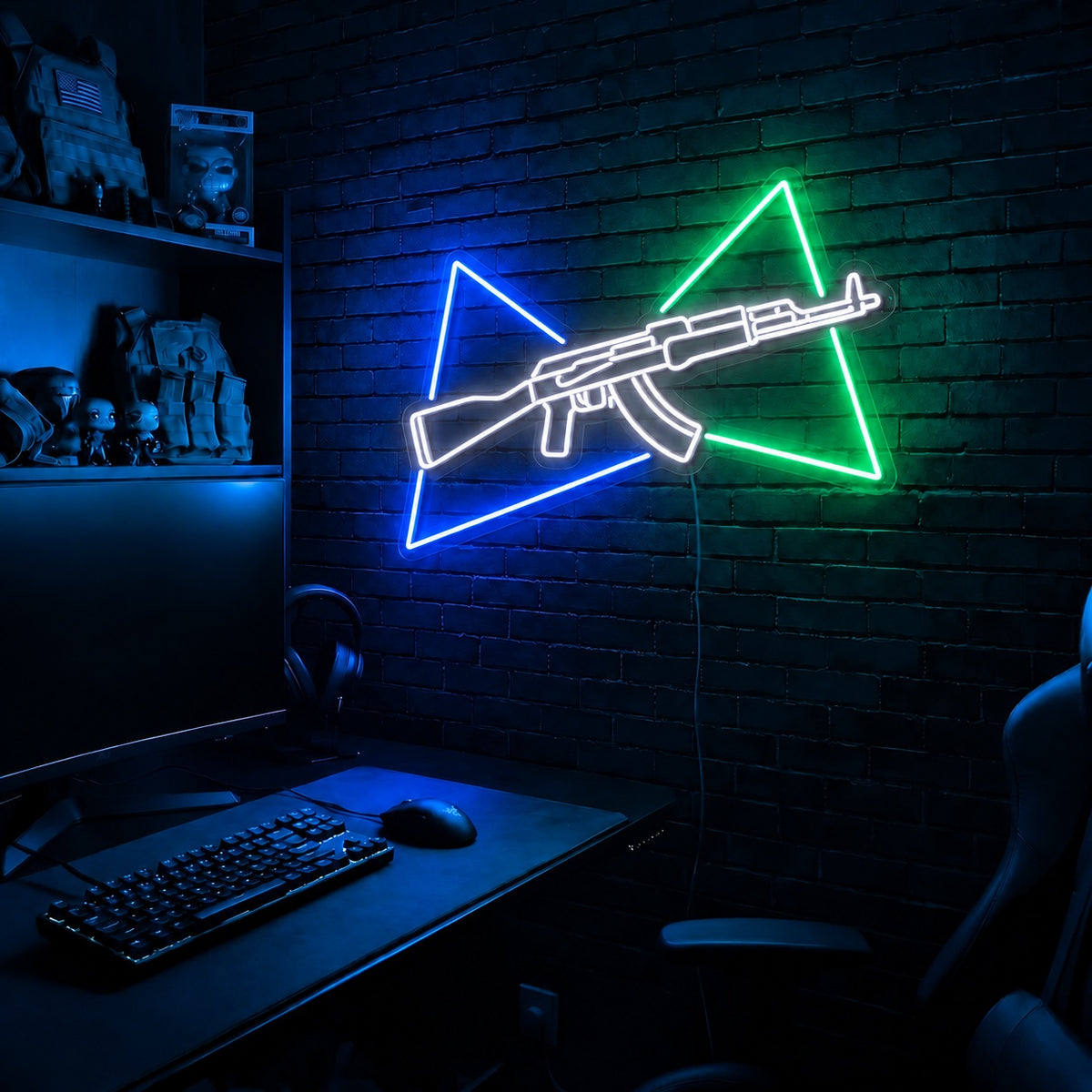 AK Split Triangles LED neon sign in the Arctic Voltage colorway, mounted on a brick wall in a gaming room