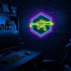 SMG Double Hexagon LED neon sign in the Toxic Circuit colorway, mounted on a brick wall in a gaming room