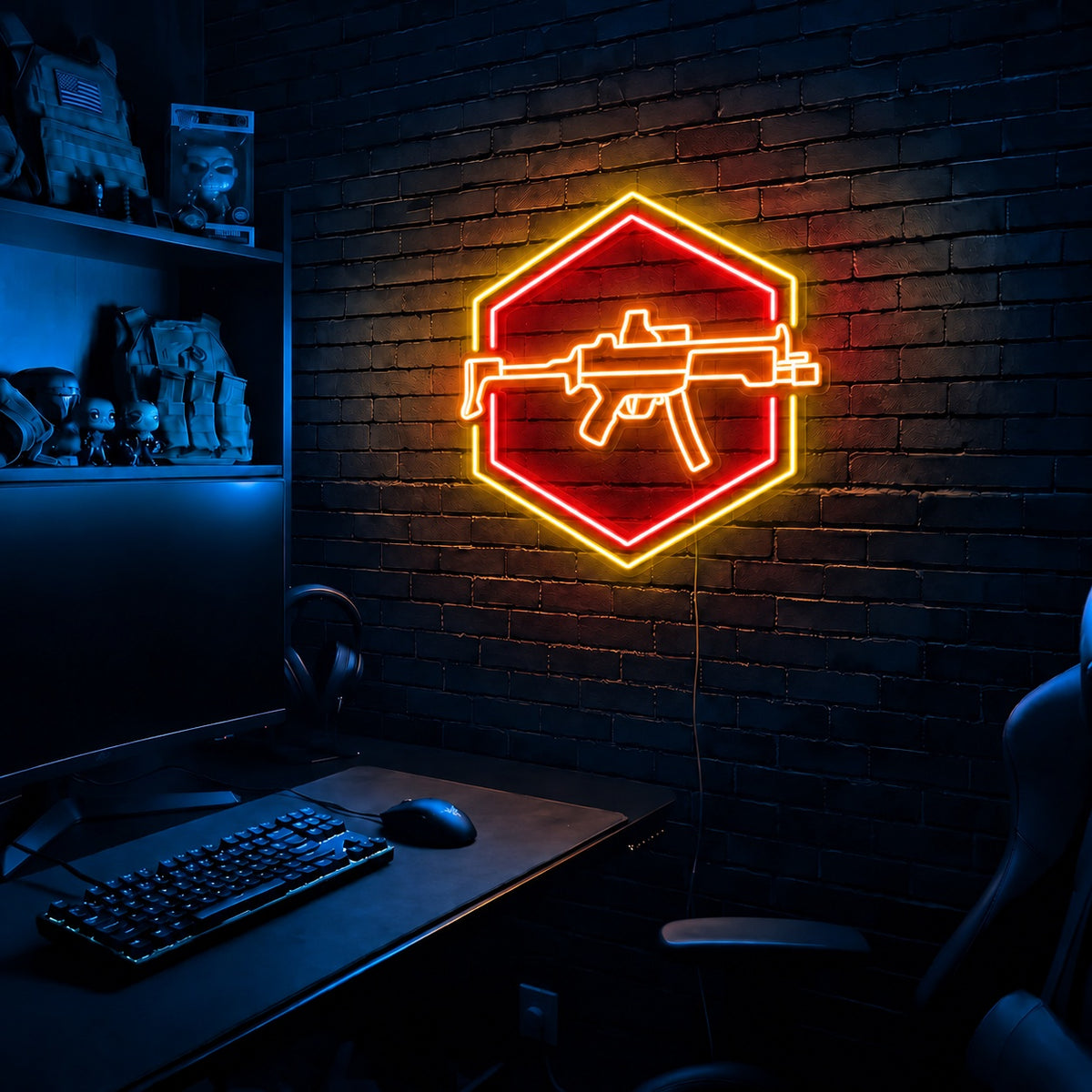 SMG Double Hexagon LED neon sign in the Solar Flare colorway, mounted on a brick wall in a gaming room