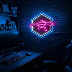 SMG Double Hexagon LED neon sign in the Arctic Voltage colorway, mounted on a brick wall in a gaming room