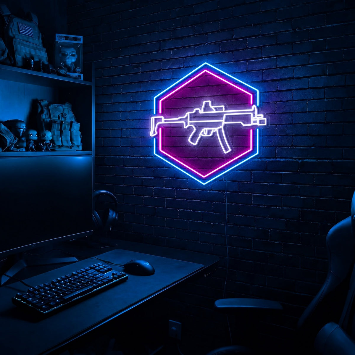 SMG Double Hexagon LED neon sign in the Original colorway, mounted on a brick wall in a gaming room