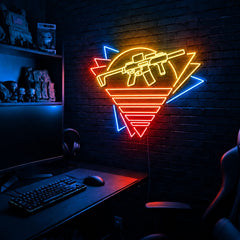 Rifle Retro Sunset Triangle LED neon sign in the Solar Flare colorway, mounted on a brick wall in a gaming room