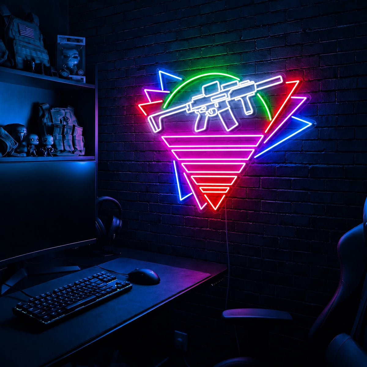 Rifle Retro Sunset Triangle LED neon sign in the Original colorway, mounted on a brick wall in a gaming room