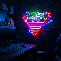 Rifle Retro Sunset Triangle LED neon sign in the Original colorway, mounted on a brick wall in a gaming room