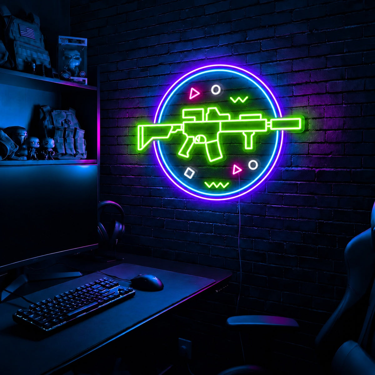 Rifle Circle Confetti LED neon sign in the Toxic Circuit colorway, mounted on a brick wall in a gaming room