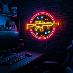 Rifle Circle Confetti LED neon sign in the Solar Flare colorway, mounted on a brick wall in a gaming room