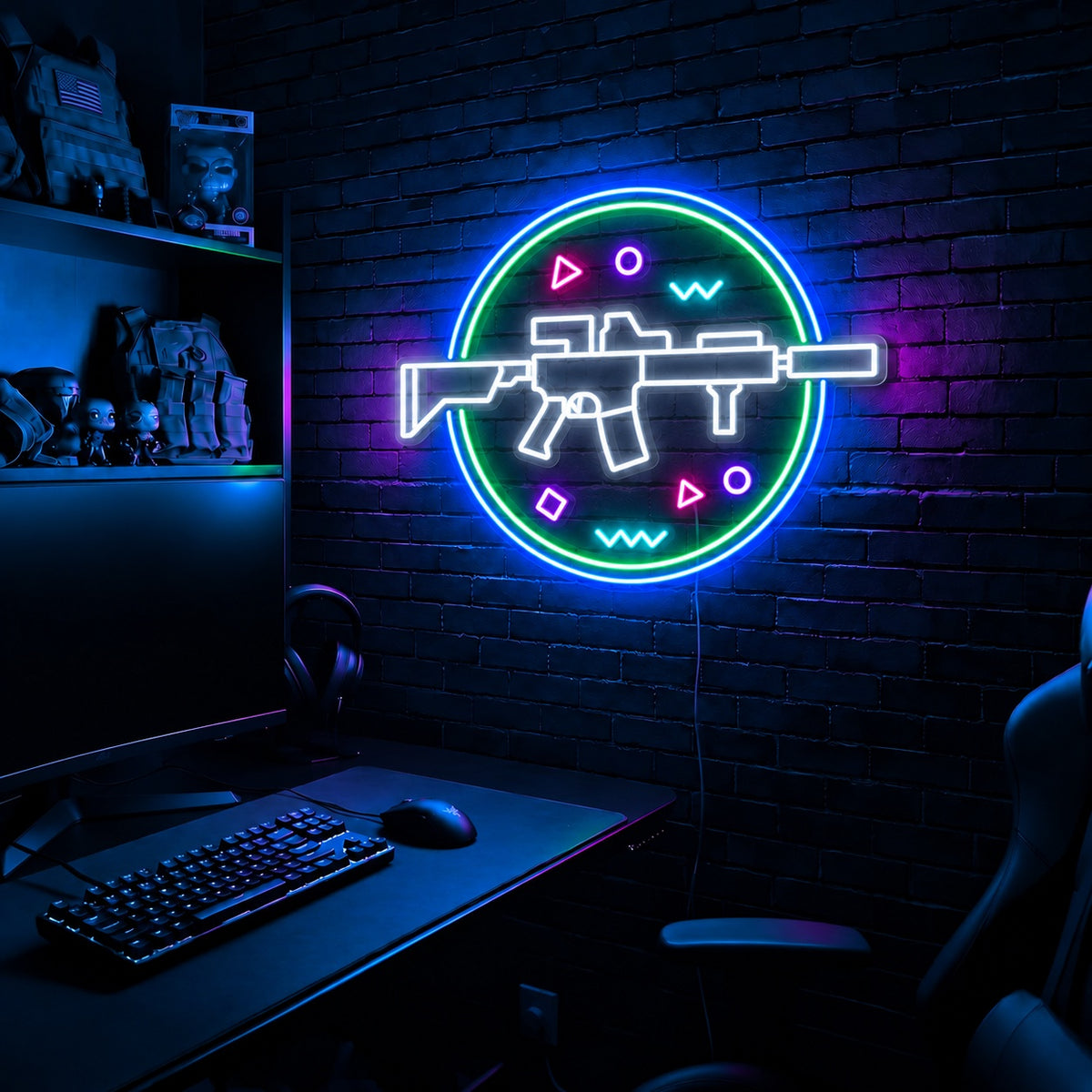 Rifle Circle Confetti LED neon sign in the Arctic Voltage colorway, mounted on a brick wall in a gaming room
