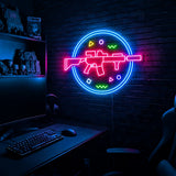 Rifle Circle Confetti LED neon sign in the Original colorway, mounted on a brick wall in a gaming room
