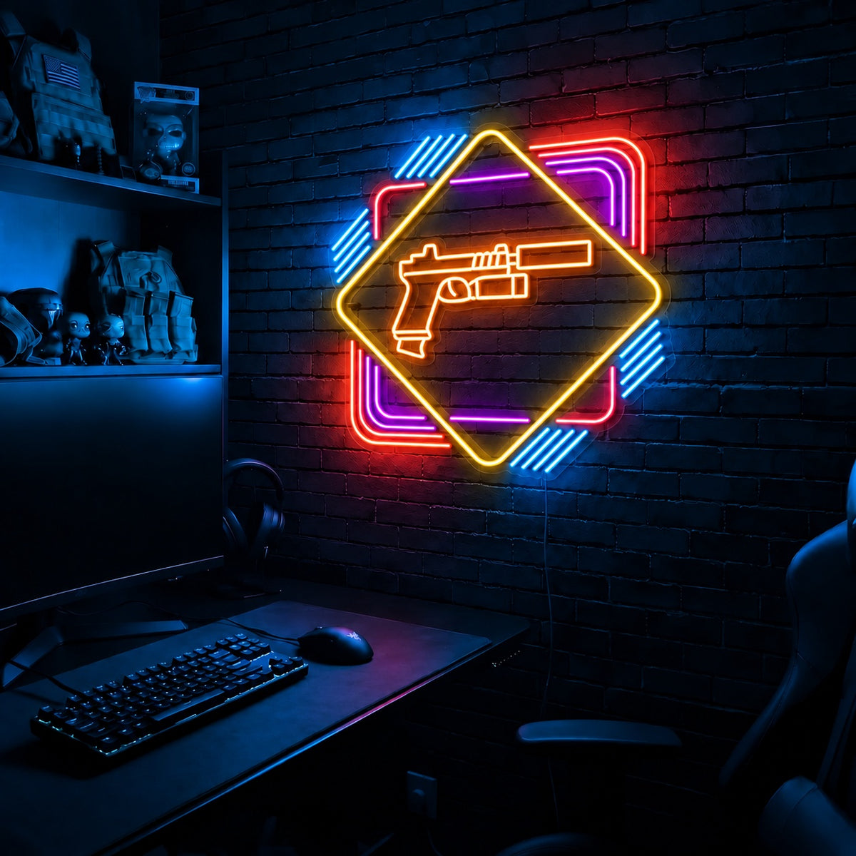 Pistol Diamond Frame LED neon sign in the Solar Flare colorway, mounted on a brick wall in a gaming room