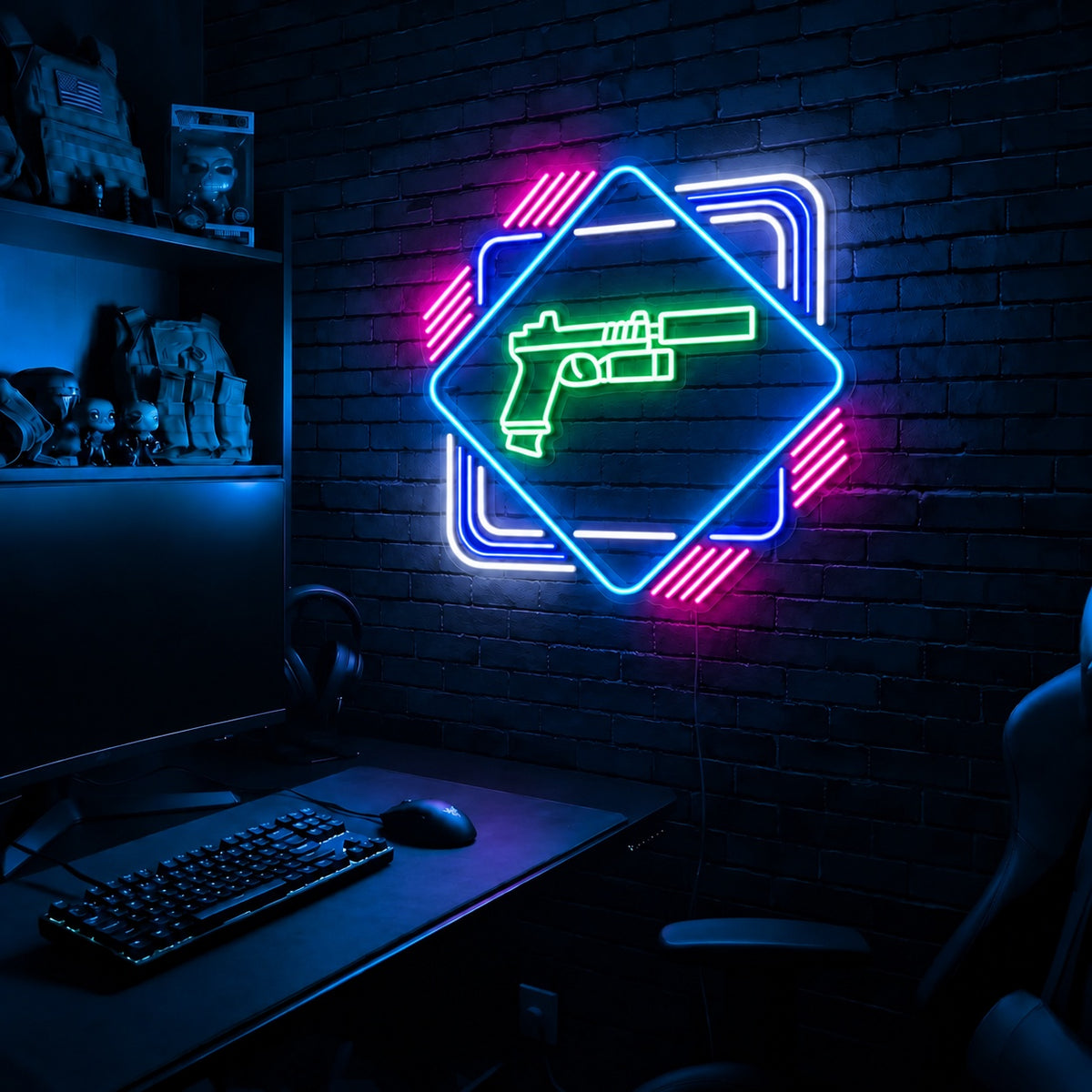 Pistol Diamond Frame LED neon sign in the Arctic Voltage colorway, mounted on a brick wall in a gaming room