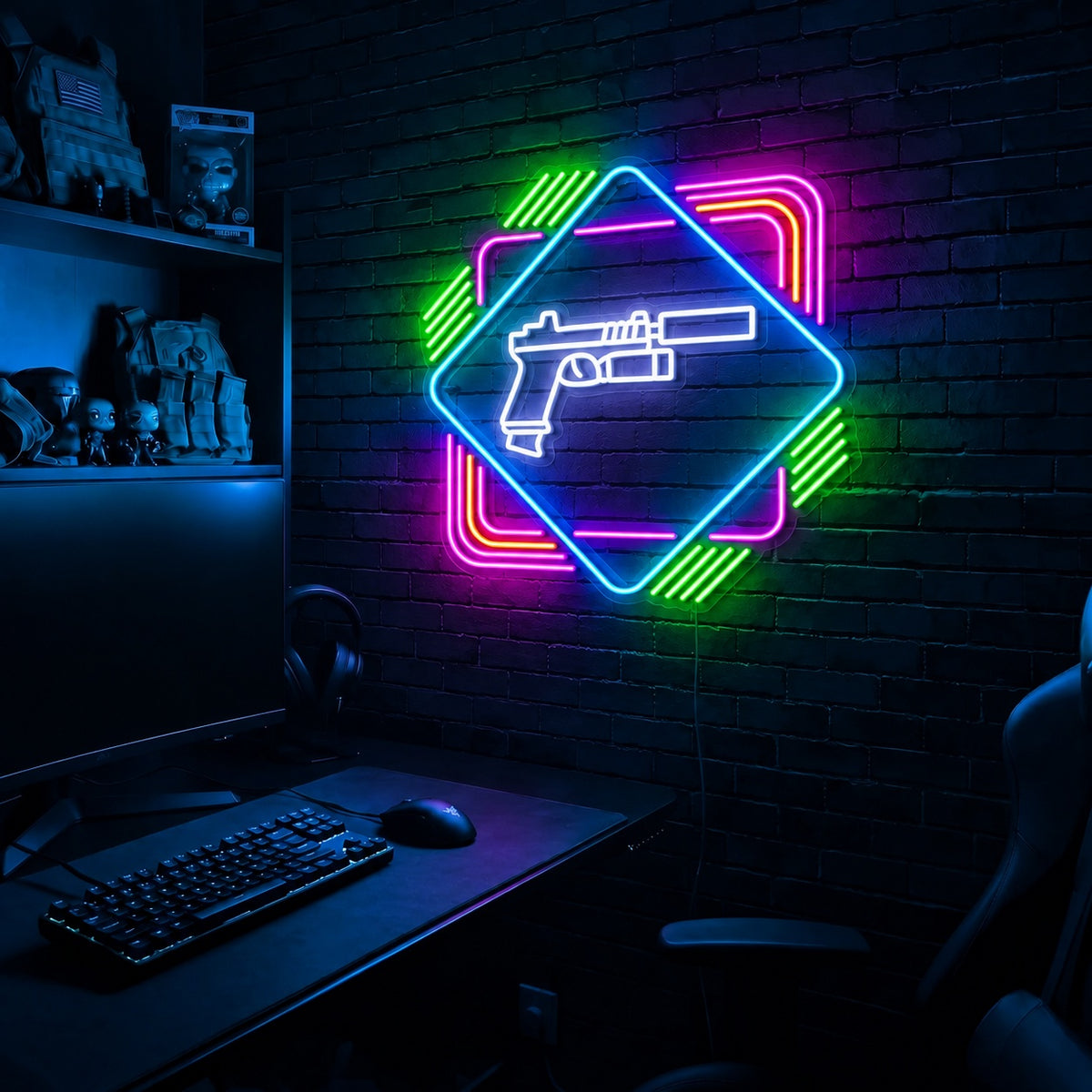 Pistol Diamond Frame LED neon sign in the Original colorway, mounted on a brick wall in a gaming room