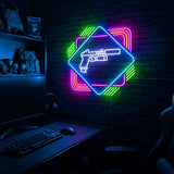 Pistol Diamond Frame LED neon sign in the Original colorway, mounted on a brick wall in a gaming room