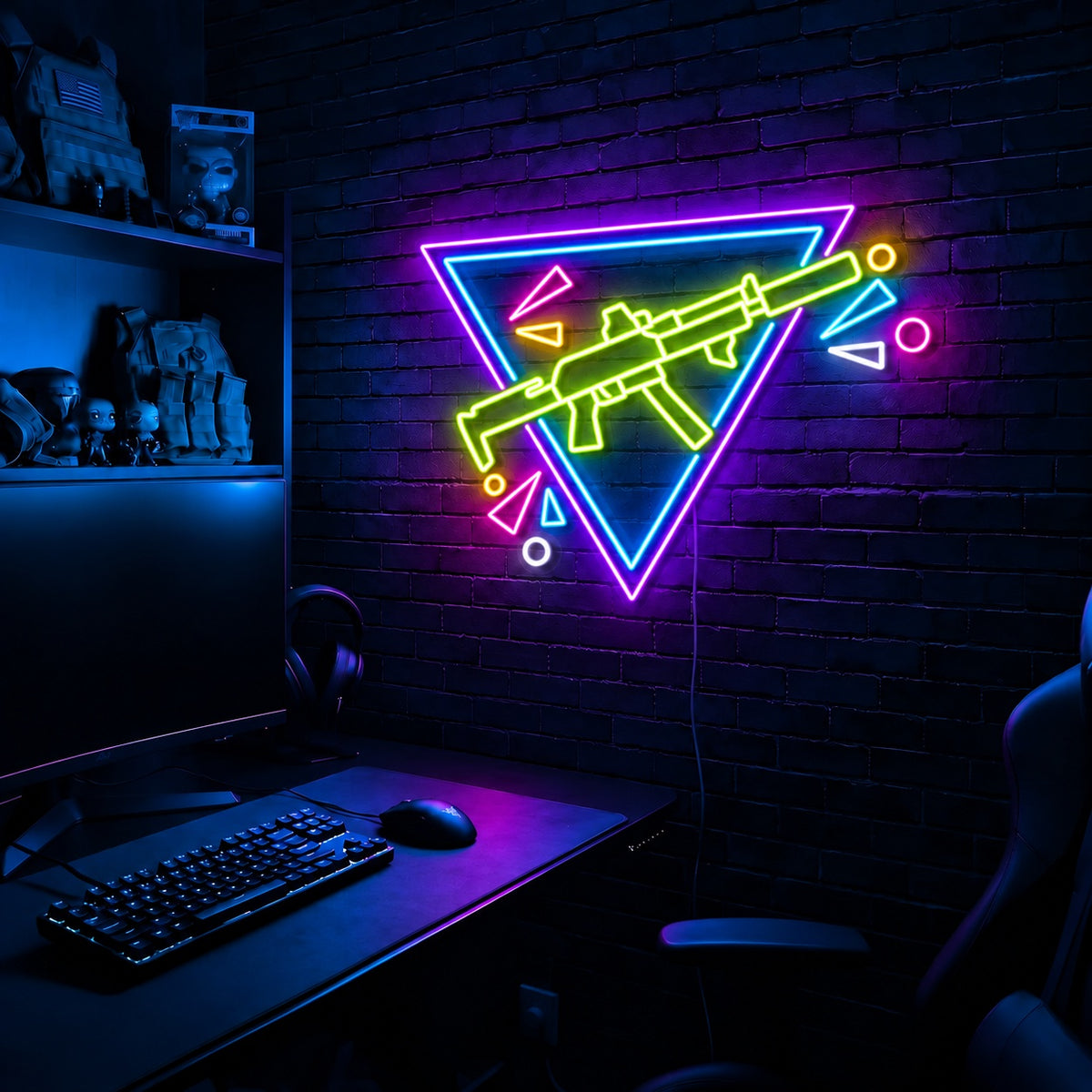Rifle Inverted Triangle Confetti LED neon sign in the Toxic Circuit colorway, mounted on a brick wall in a gaming room