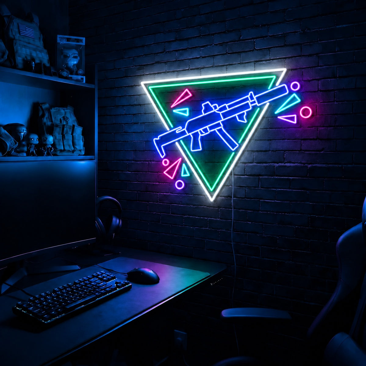 Rifle Inverted Triangle Confetti LED neon sign in the Arctic Voltage colorway, mounted on a brick wall in a gaming room