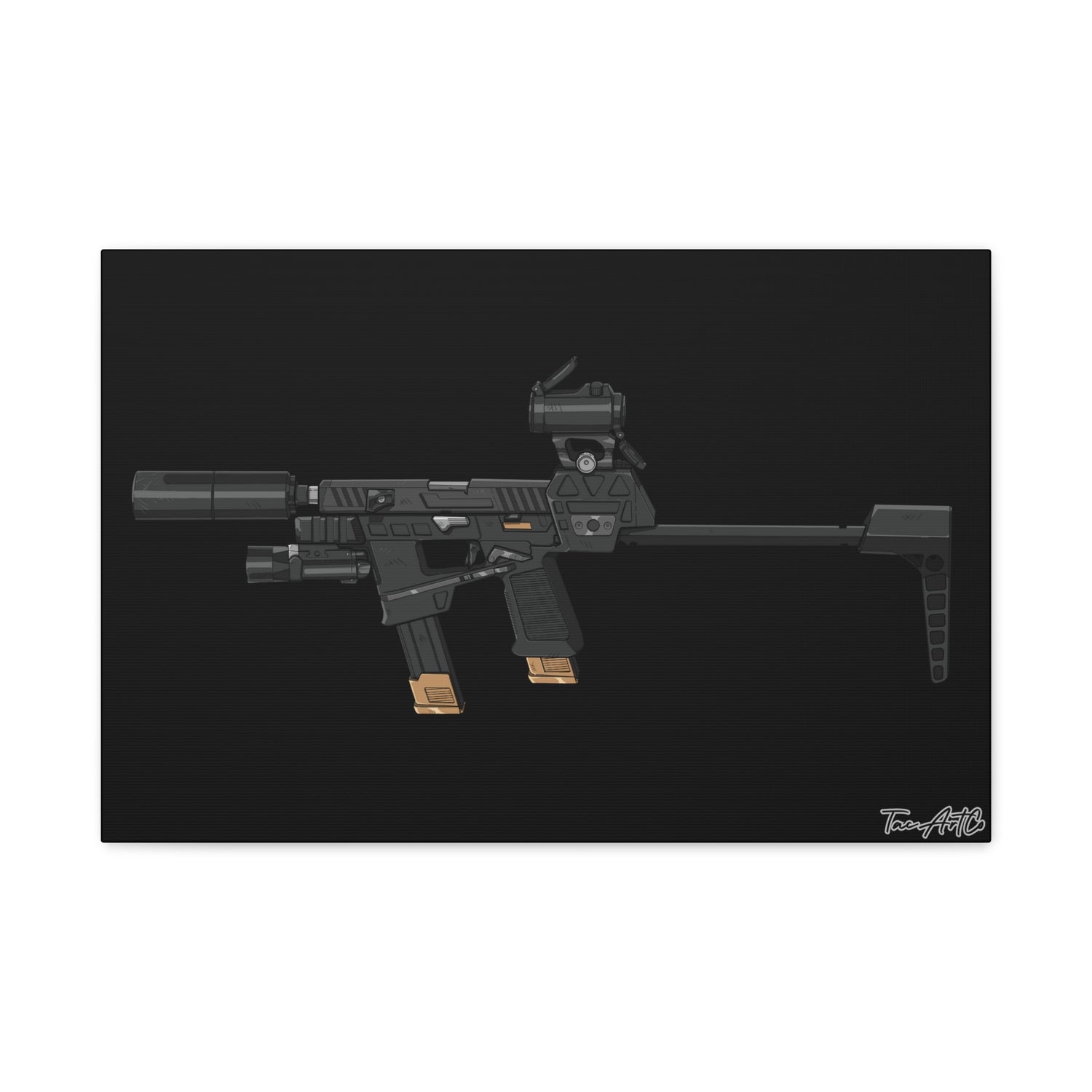 Flux Raider Canvas Print – Sidearm on Steroids (Black Background)