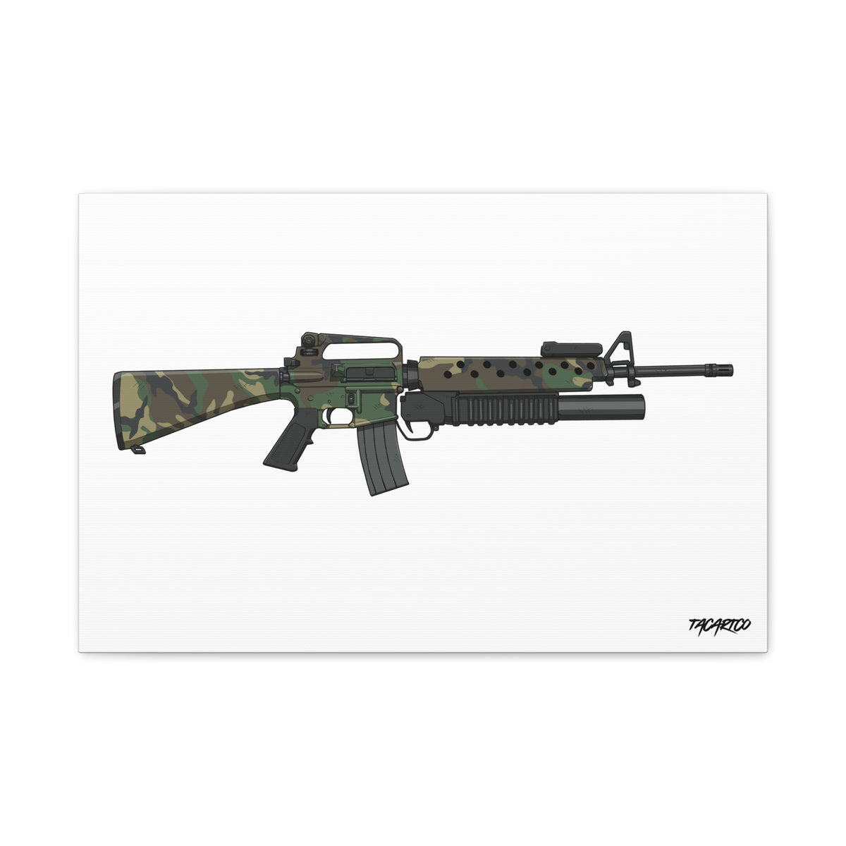 M16A2 + M203 Woodland - Canvas Print (White Background)