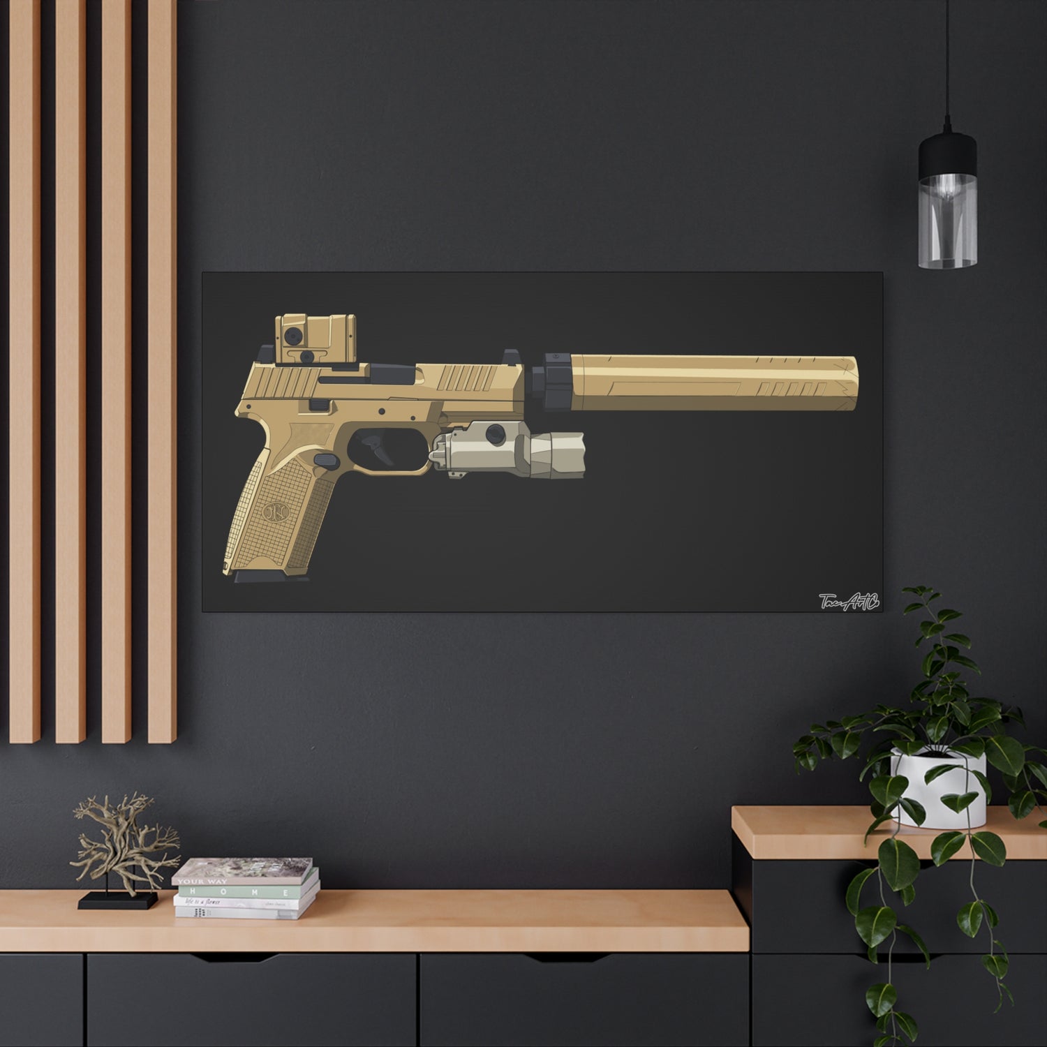 FN 509 Tactical – Suppressed Pistol Canvas Print (Black Background)