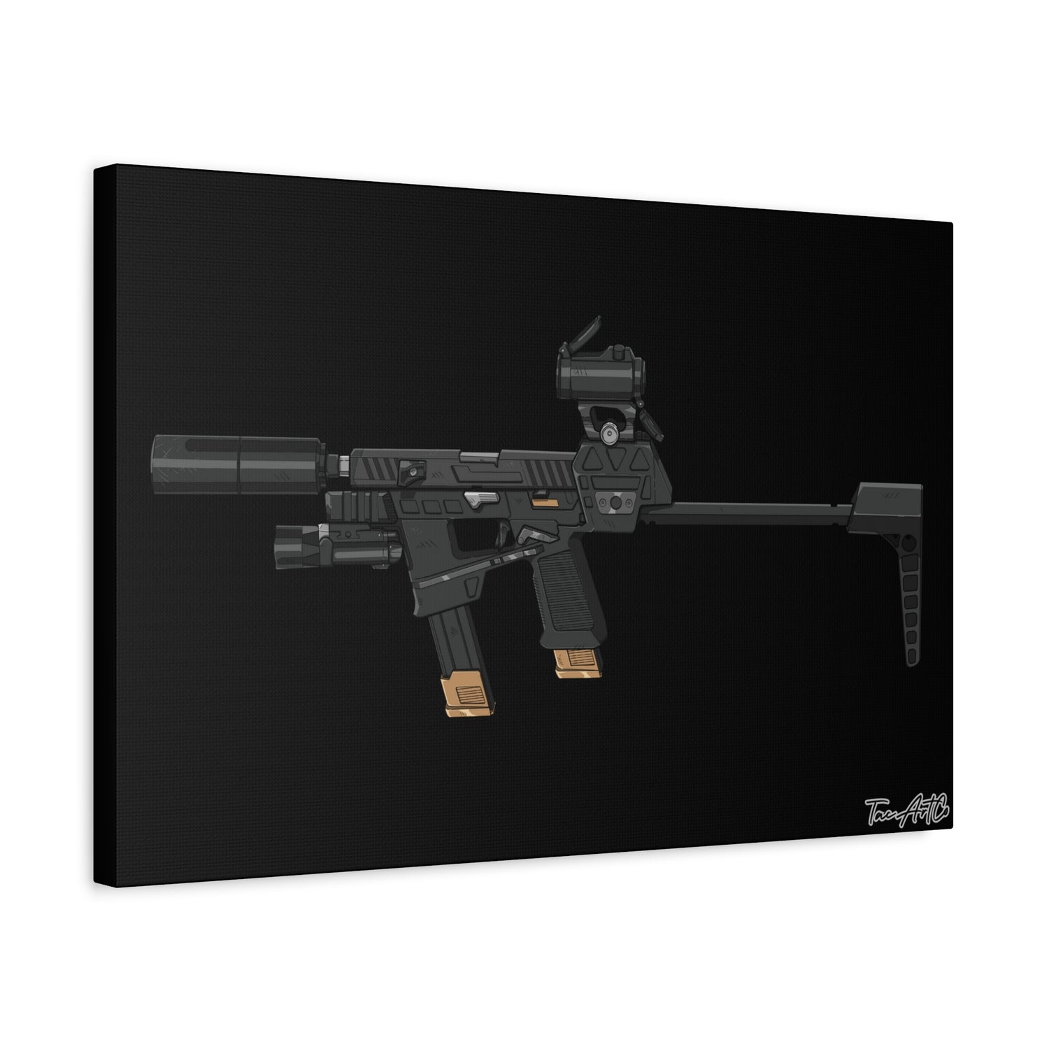 Flux Raider Canvas Print – Sidearm on Steroids (Black Background)