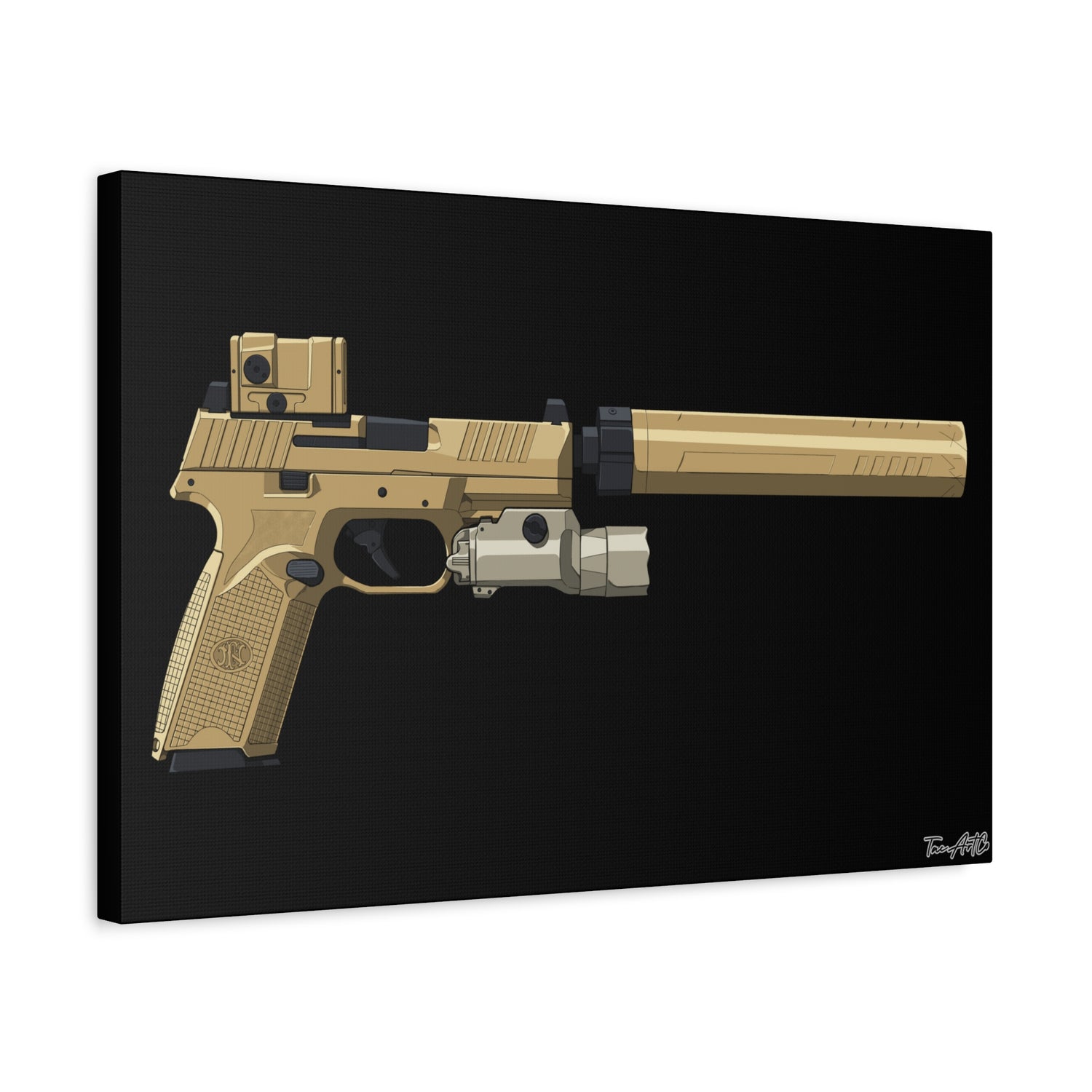 FN 509 Tactical – Suppressed Pistol Canvas Print (Black Background)