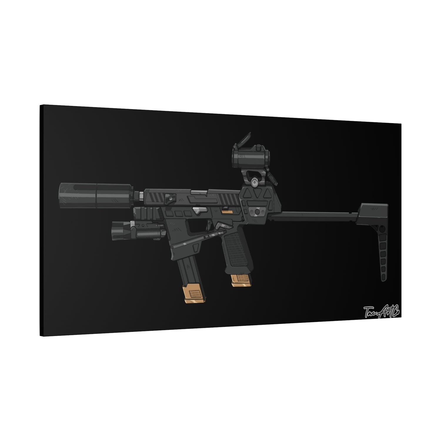 Flux Raider Canvas Print – Sidearm on Steroids (Black Background)