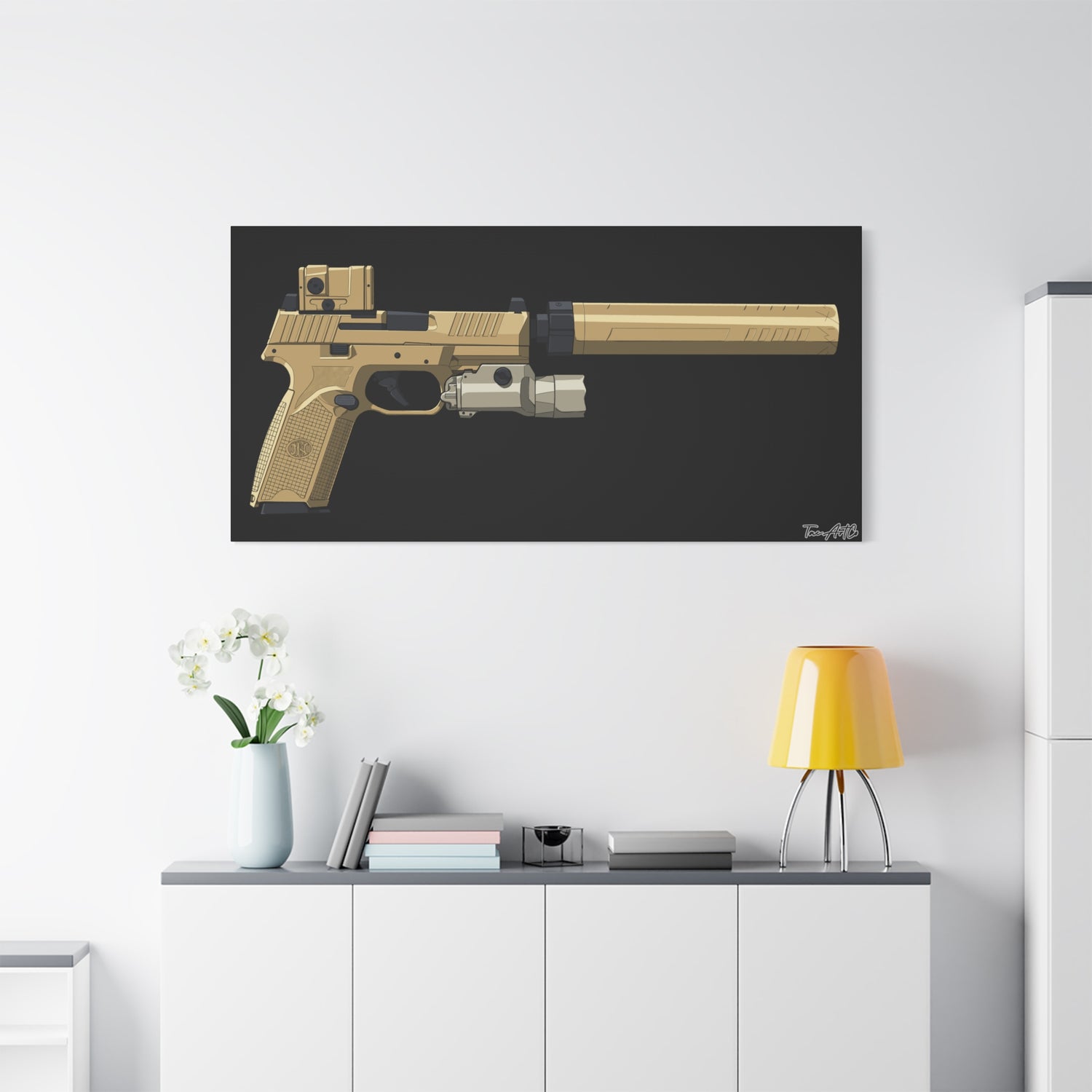 FN 509 Tactical – Suppressed Pistol Canvas Print (Black Background)