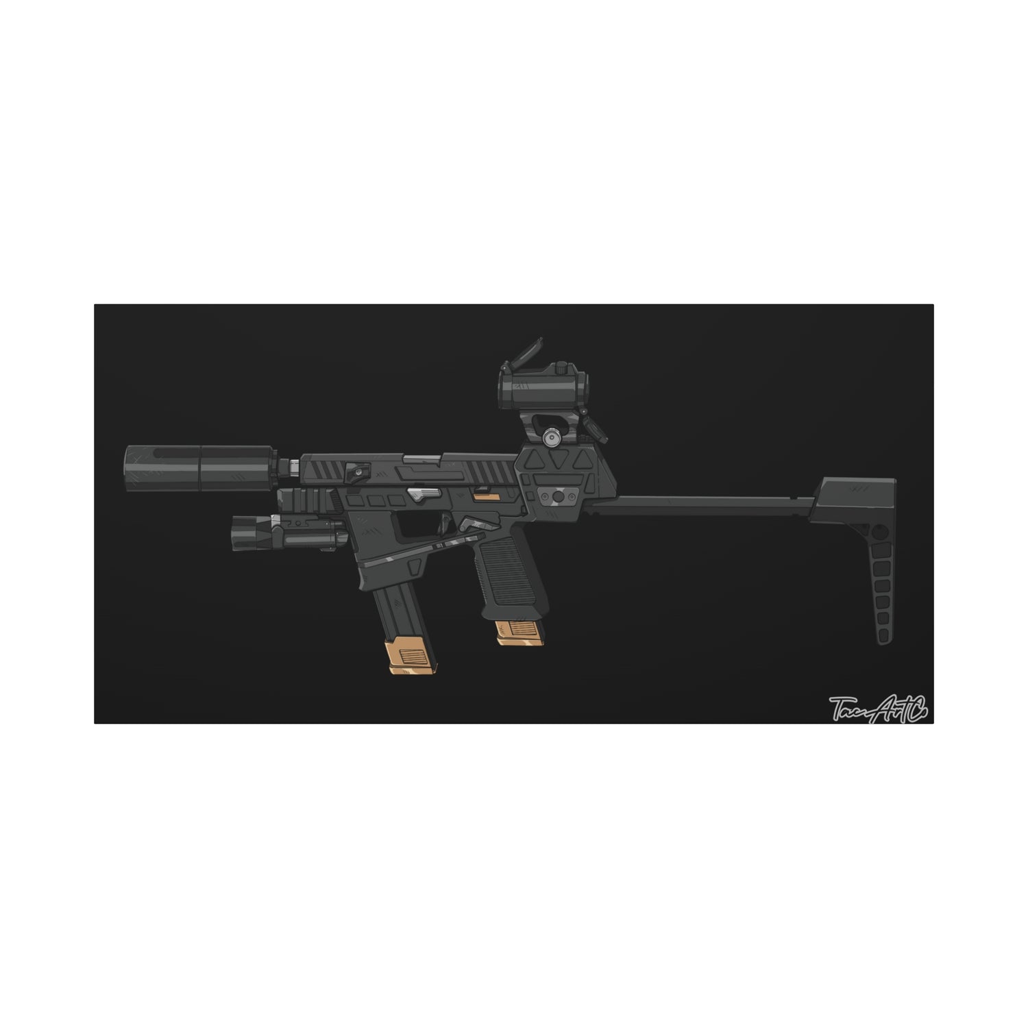 Flux Raider Canvas Print – Sidearm on Steroids (Black Background)