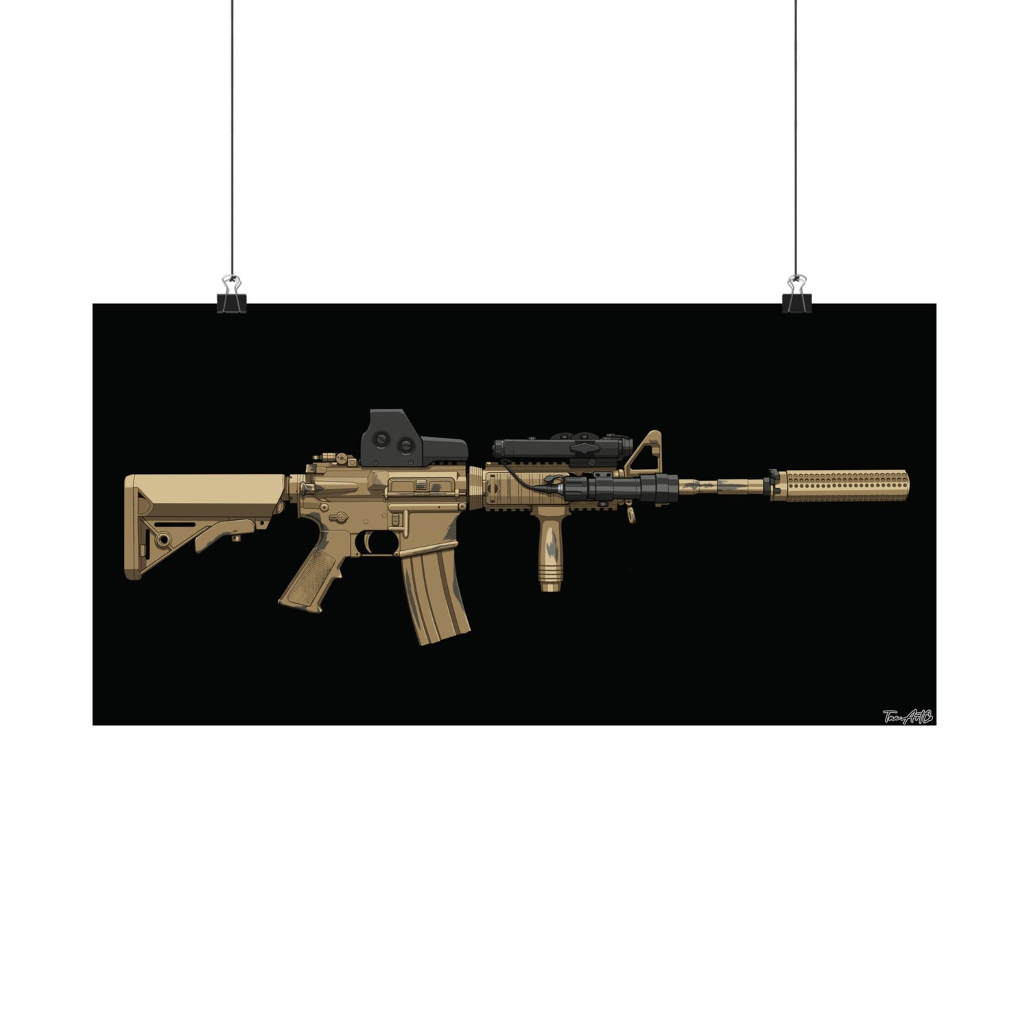 Desert camouflage rifle on a black background