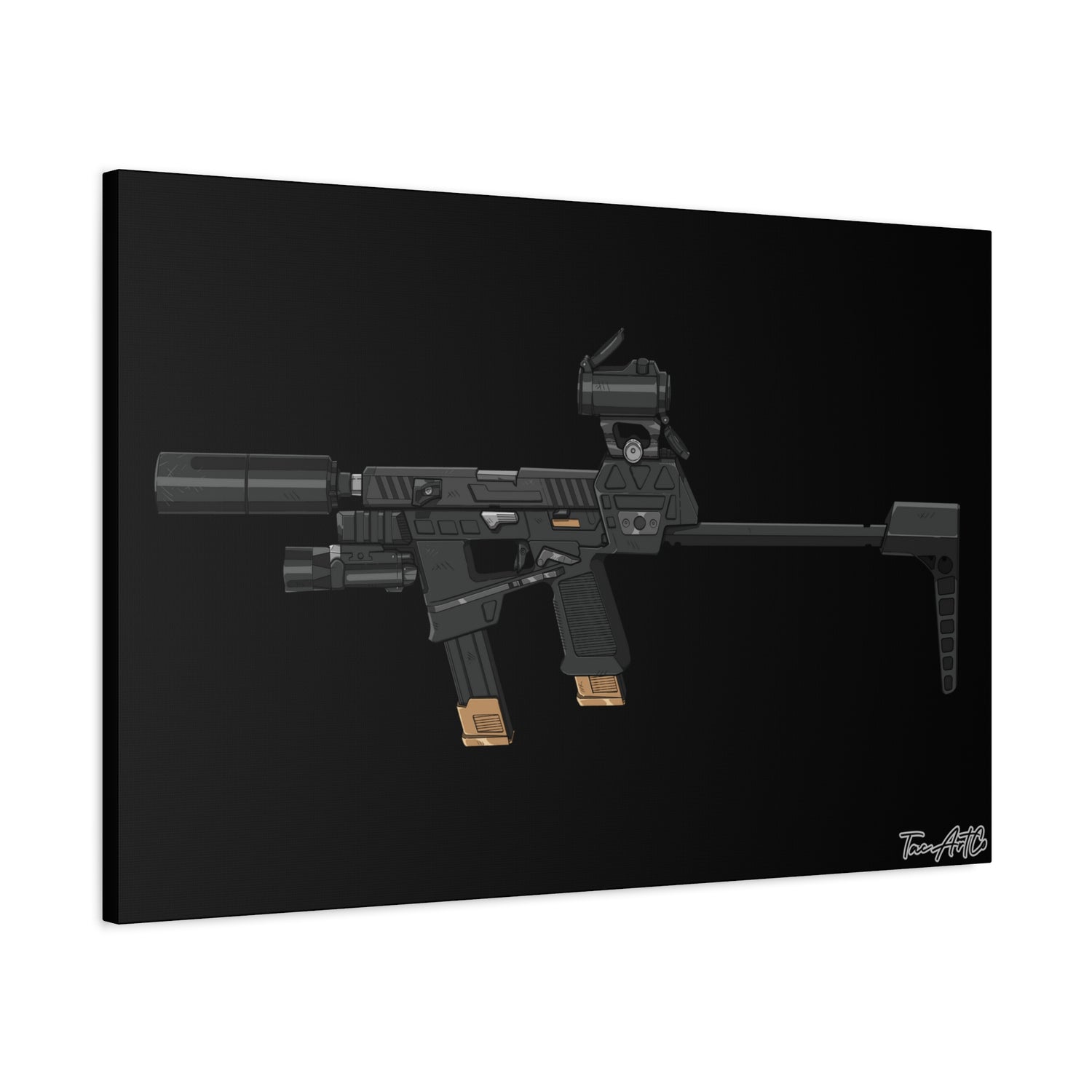 Flux Raider Canvas Print – Sidearm on Steroids (Black Background)