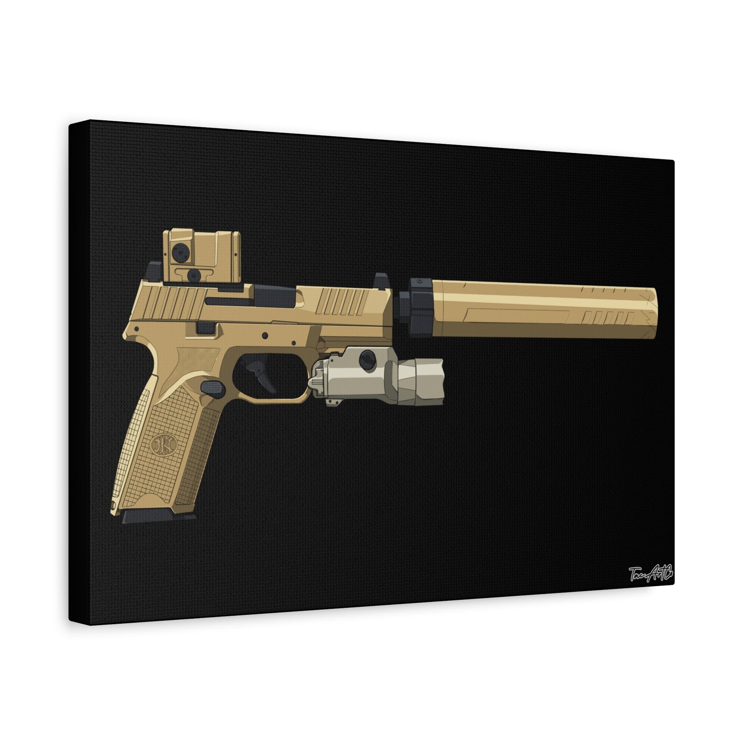 FN 509 Tactical – Suppressed Pistol Canvas Print (Black Background)