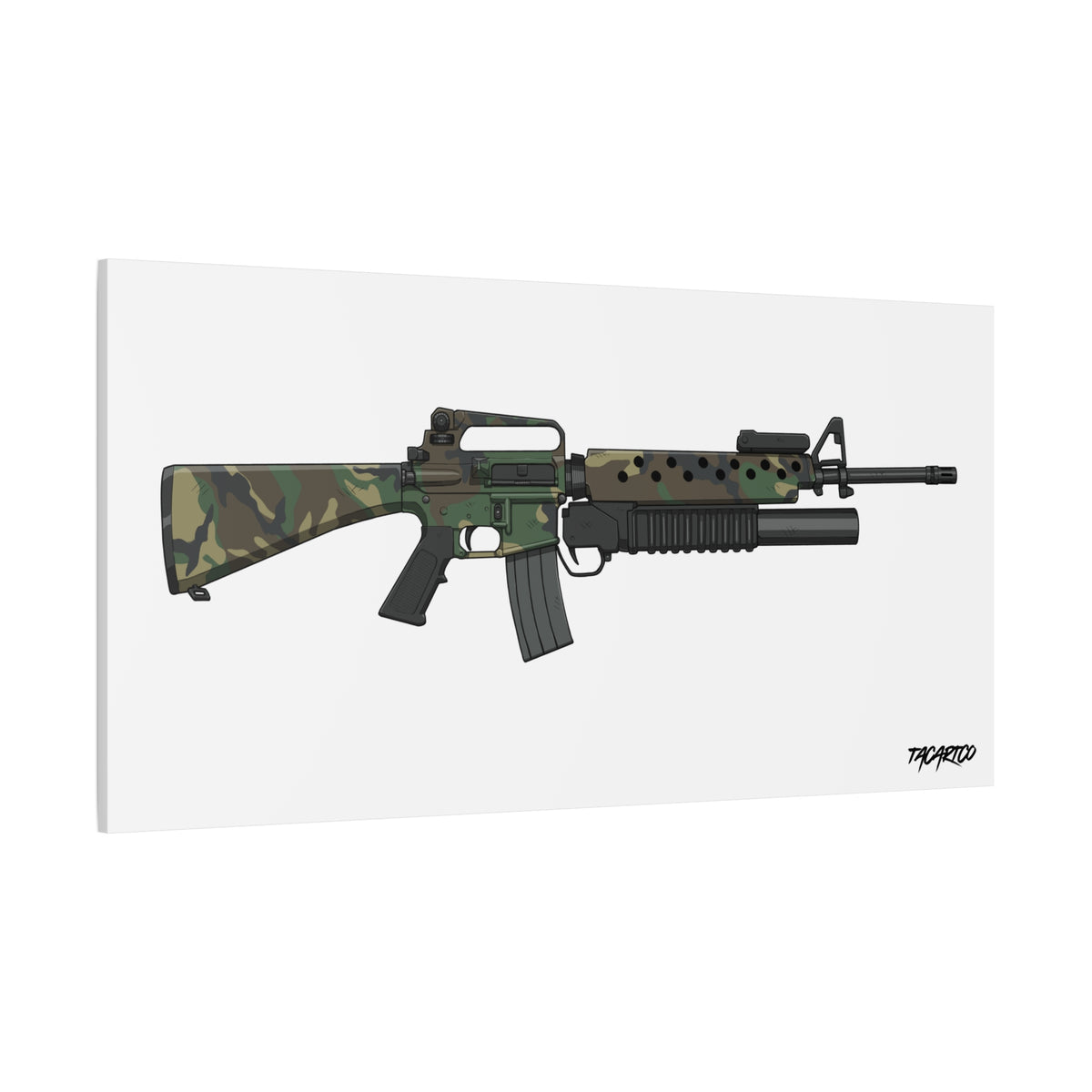 M16A2 + M203 Woodland - Canvas Print (White Background)