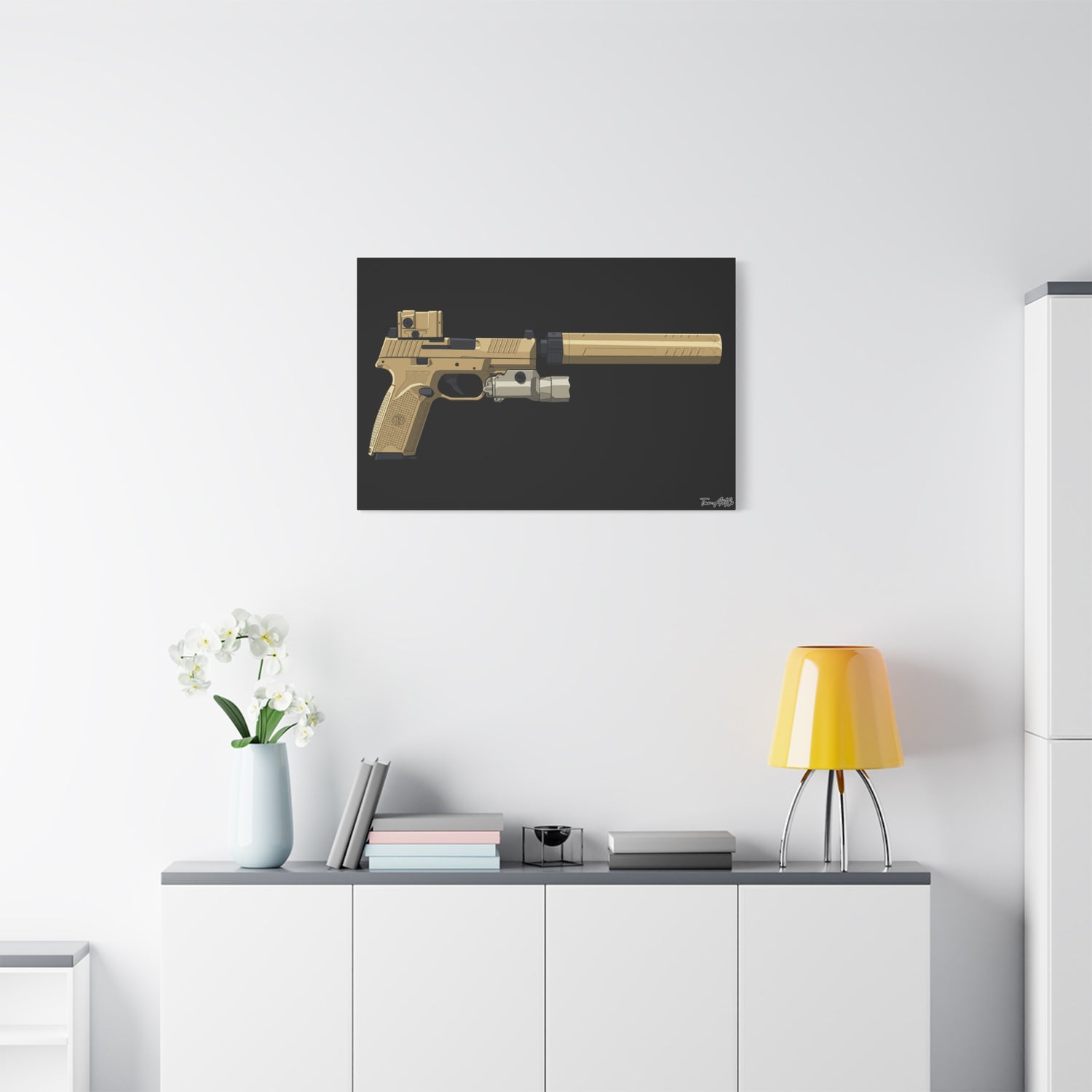 FN 509 Tactical – Suppressed Pistol Canvas Print (Black Background)
