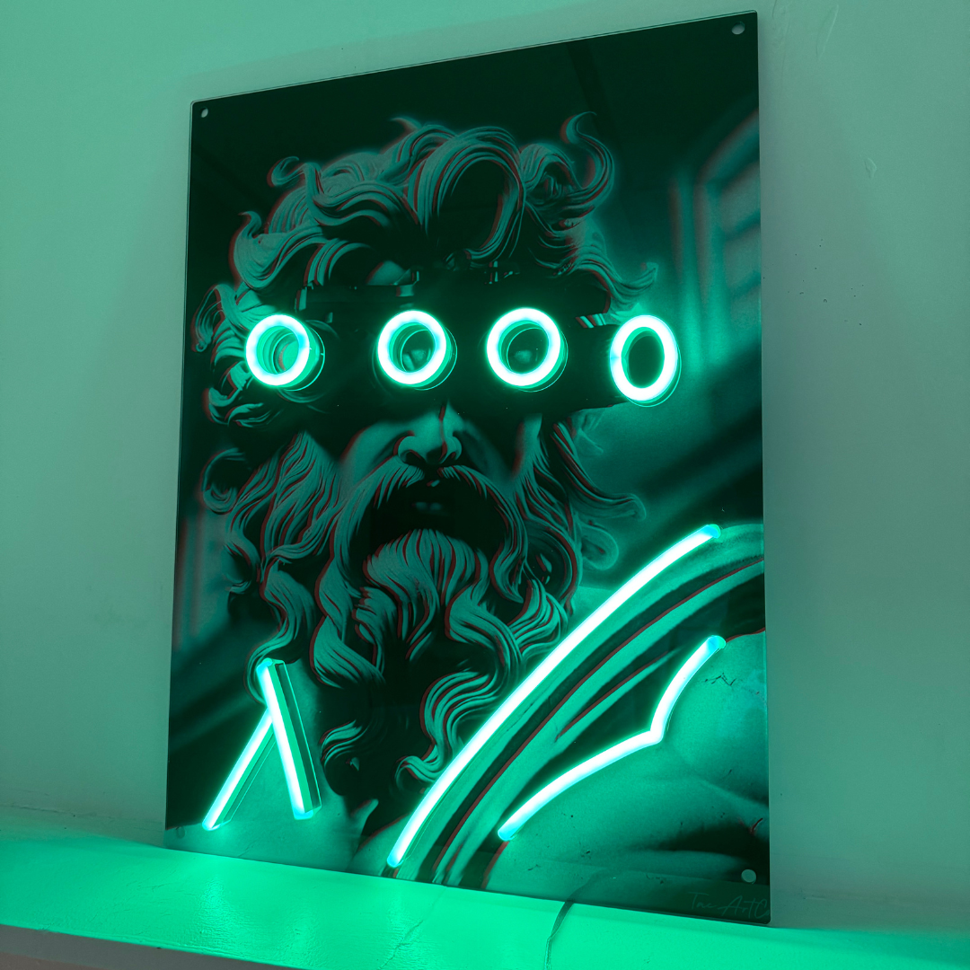 An illuminated LED wall art featuring a Greek statue head with night vision goggles, with a green color accent.