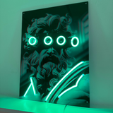 An illuminated LED wall art featuring a Greek statue head with night vision goggles, with a green color accent.