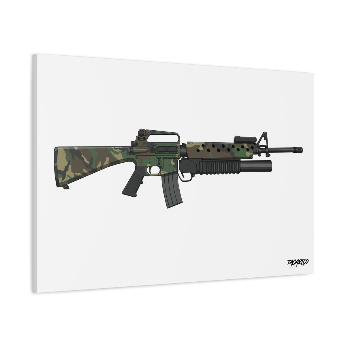 M16A2 + M203 Woodland - Canvas Print (White Background)
