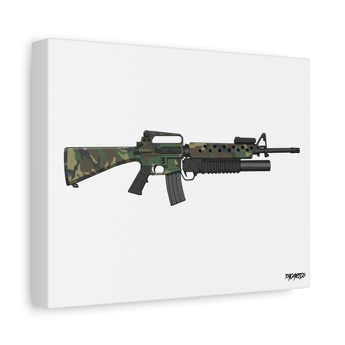 M16A2 + M203 Woodland - Canvas Print (White Background)