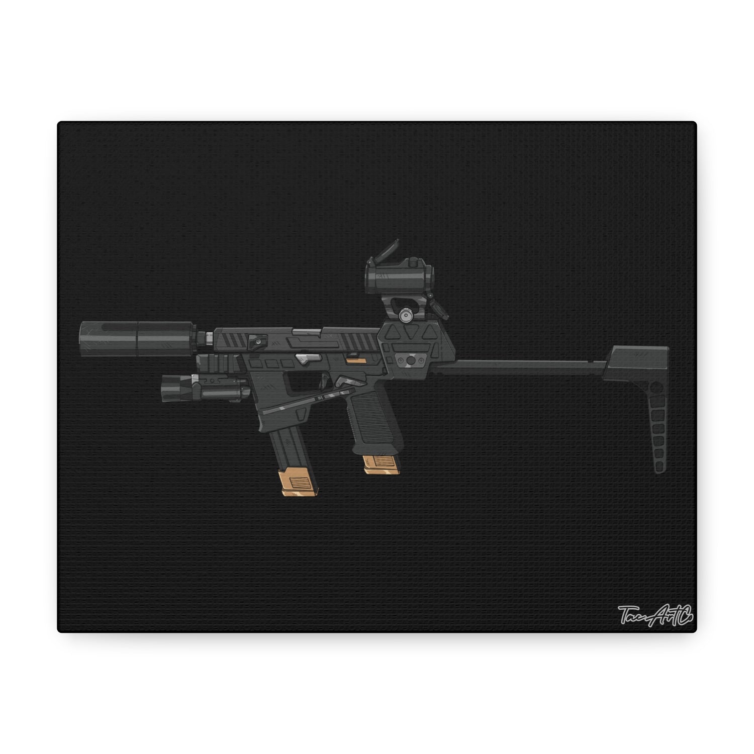 Flux Raider Canvas Print – Sidearm on Steroids (Black Background)