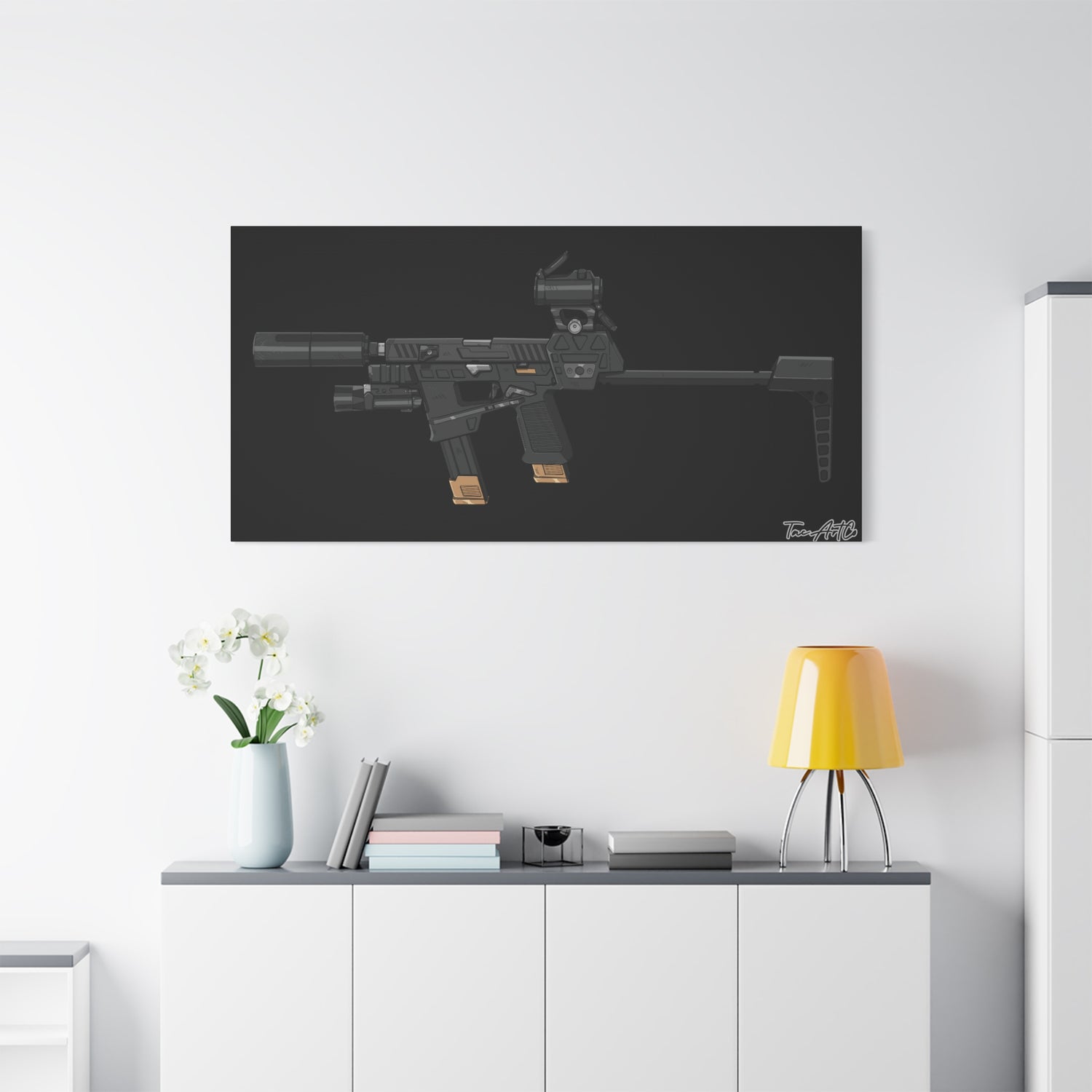 Flux Raider Canvas Print – Sidearm on Steroids (Black Background)