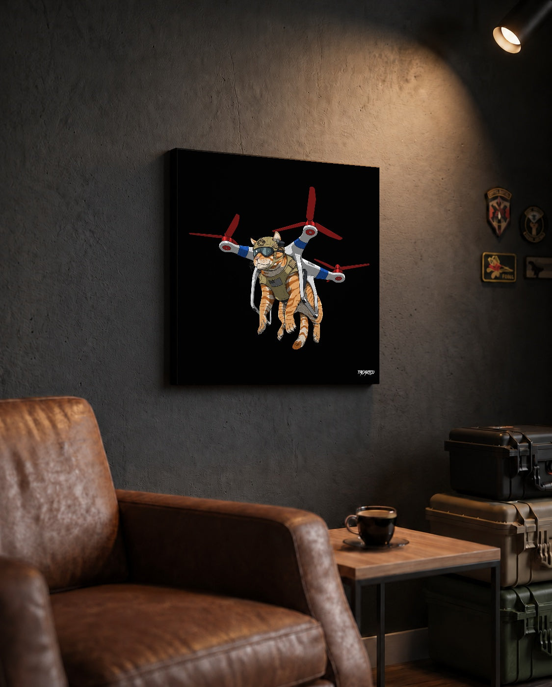 Drone Attack Cat - Canvas Print (Black Background) — TacArtCo lifestyle mockup