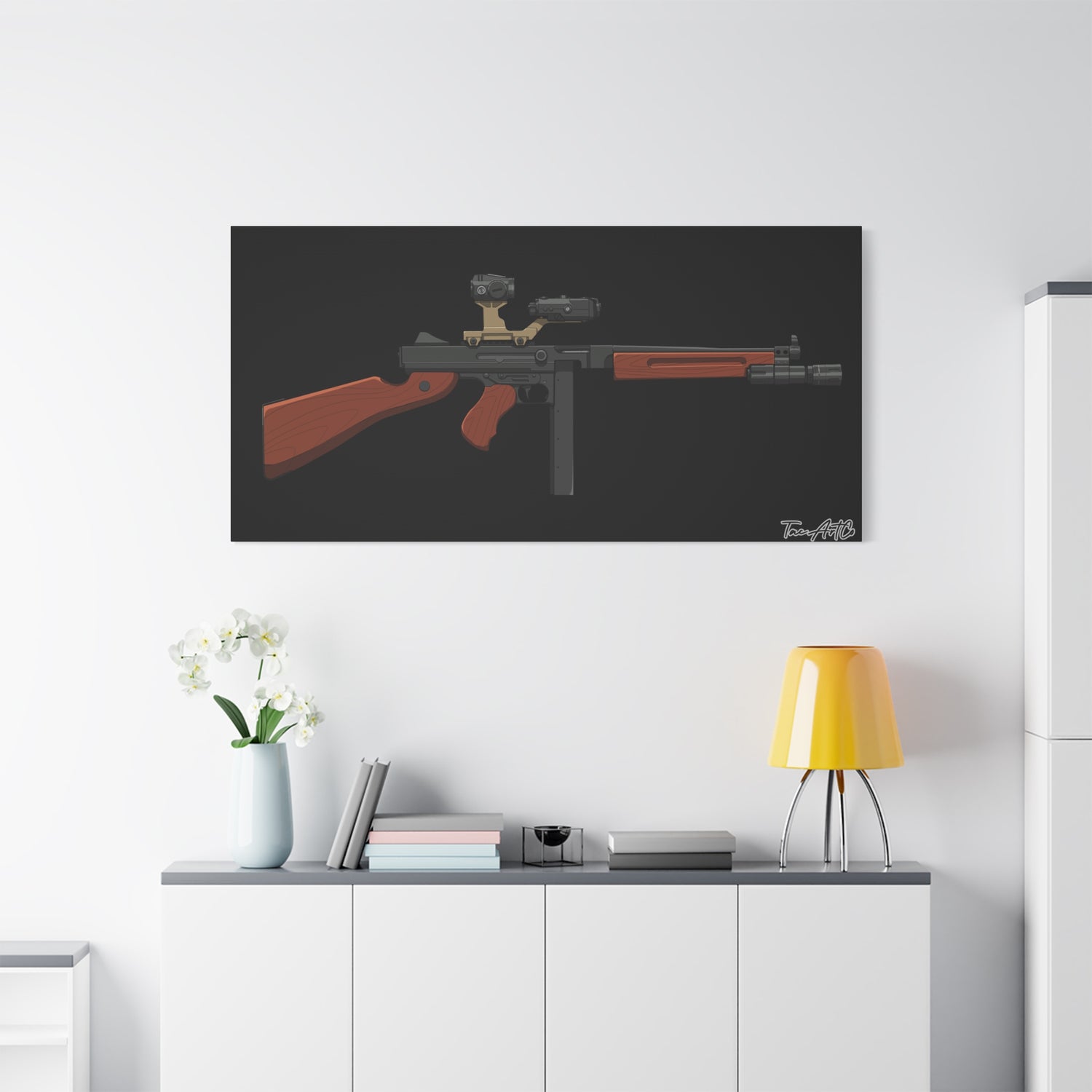Tacticool Tommy – Modern Thompson Canvas Print (Black Background)