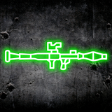 Neon green outline of a weapon on a dark textured background