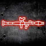 Neon red outline of a rifle on a textured dark background
