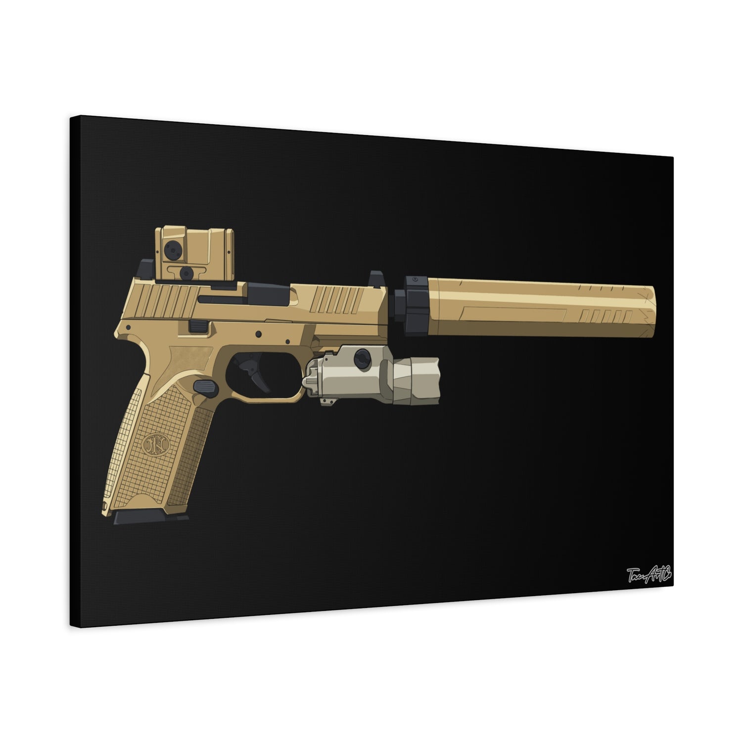 FN 509 Tactical – Suppressed Pistol Canvas Print (Black Background)