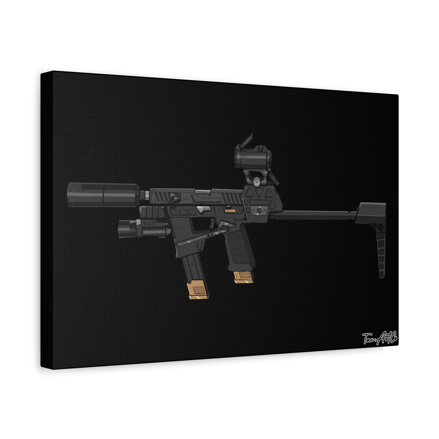 Flux Raider Canvas Print – Sidearm on Steroids (Black Background)