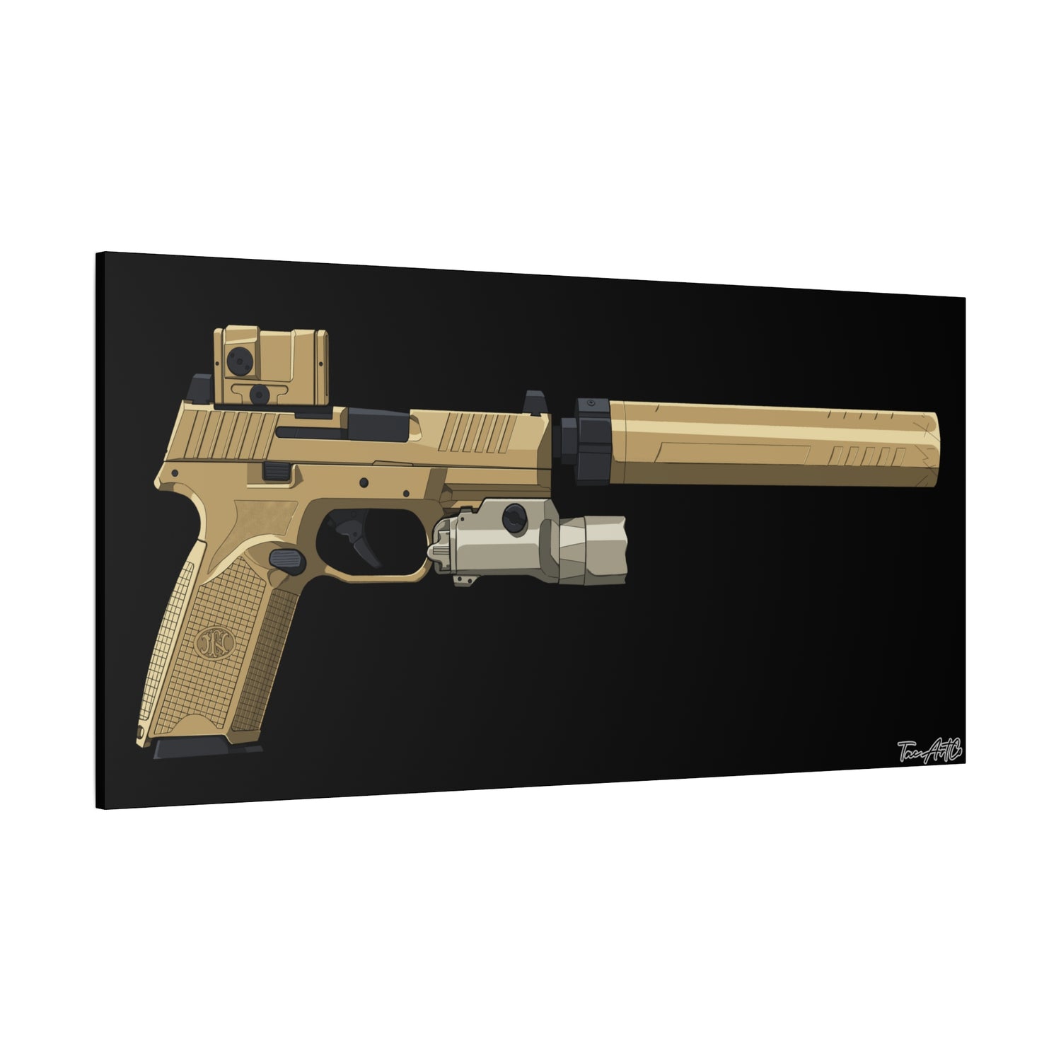 FN 509 Tactical – Suppressed Pistol Canvas Print (Black Background)