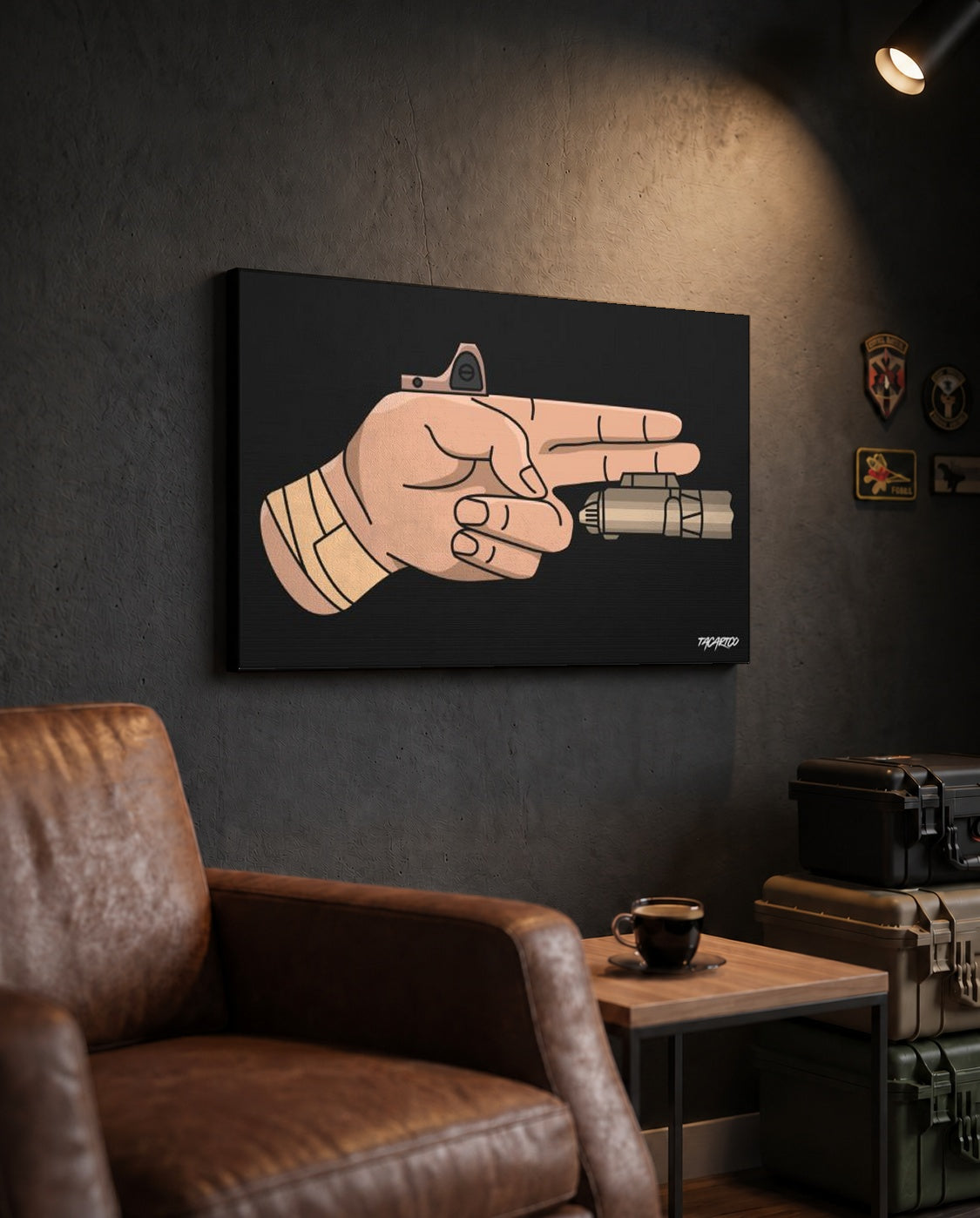 Finger Gun V1 - Canvas Print (Black Background) displayed in TacArtCo’s lounge scene; 1.25-inch canvas depth.