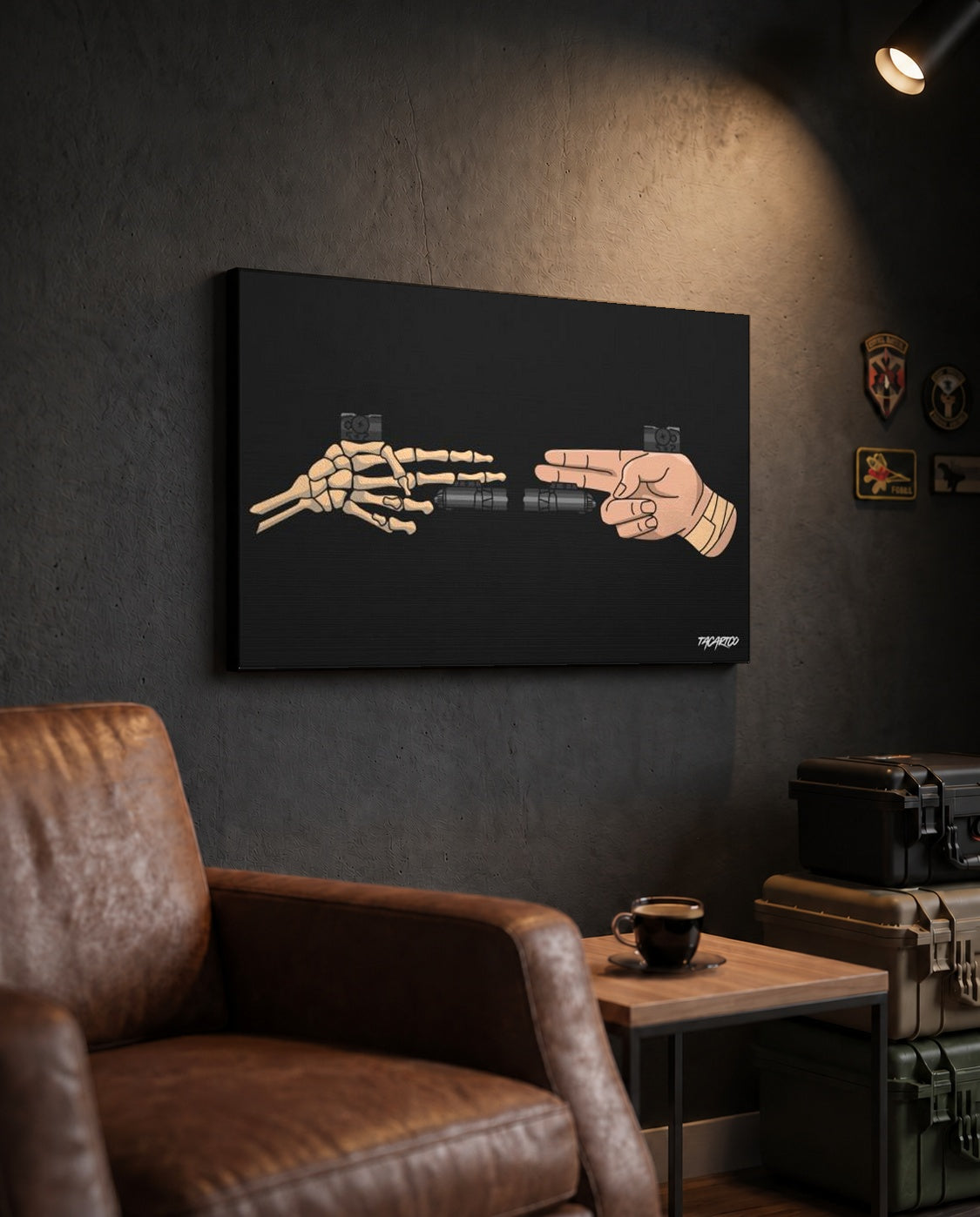 Life and Death Finger Guns - Canvas Print (Black Background) displayed in TacArtCo’s lounge scene; 1.25-inch canvas depth.