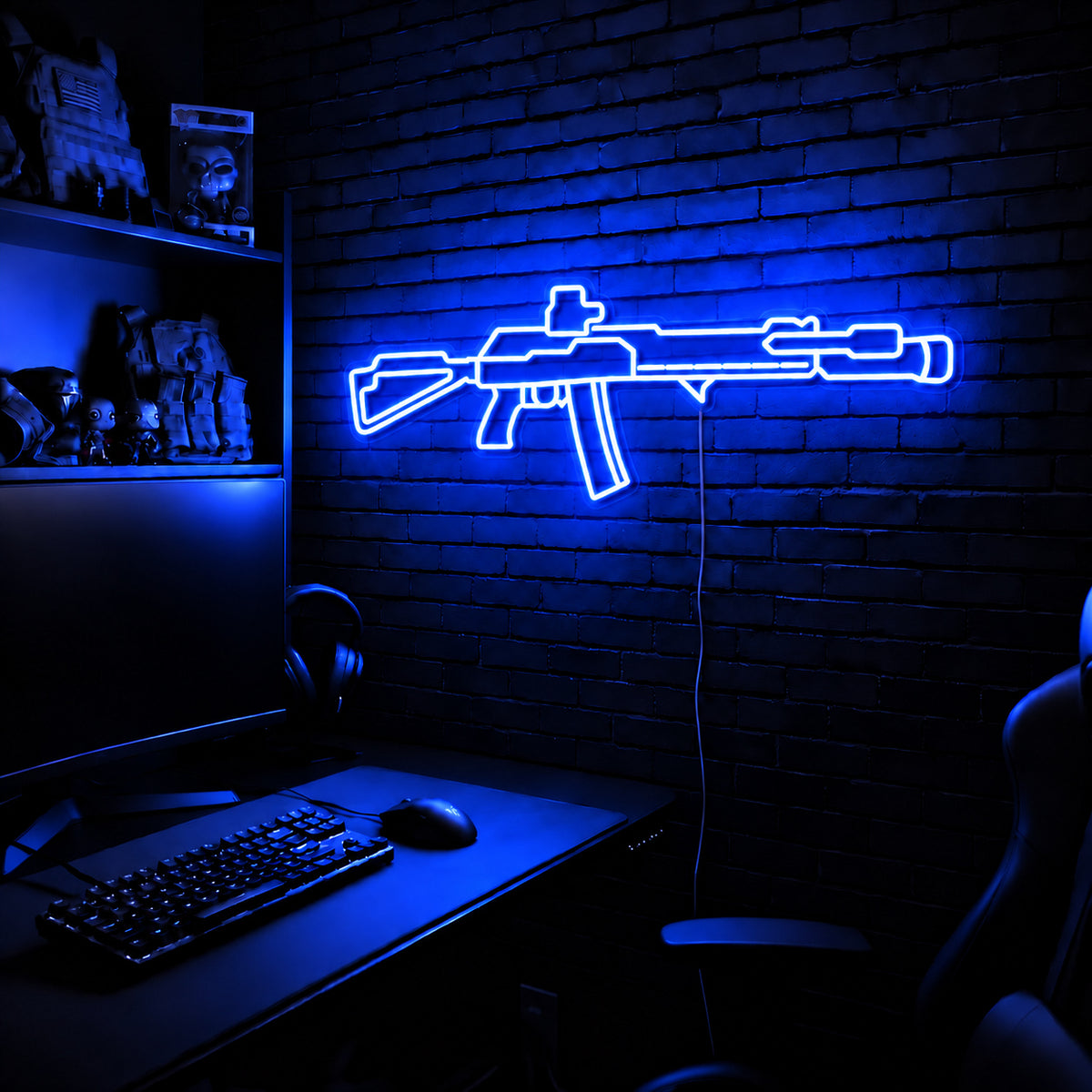 AK v6 LED neon sign in Blue on a clear backerboard in the TacArtCo gaming room