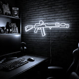 AK v6 LED neon sign in Cool White on a clear backerboard in the TacArtCo gaming room